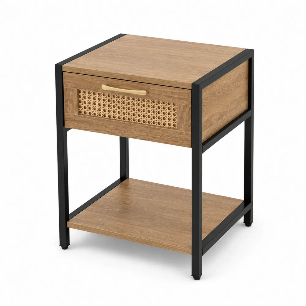 Comodino in legno e metallo con cassetto