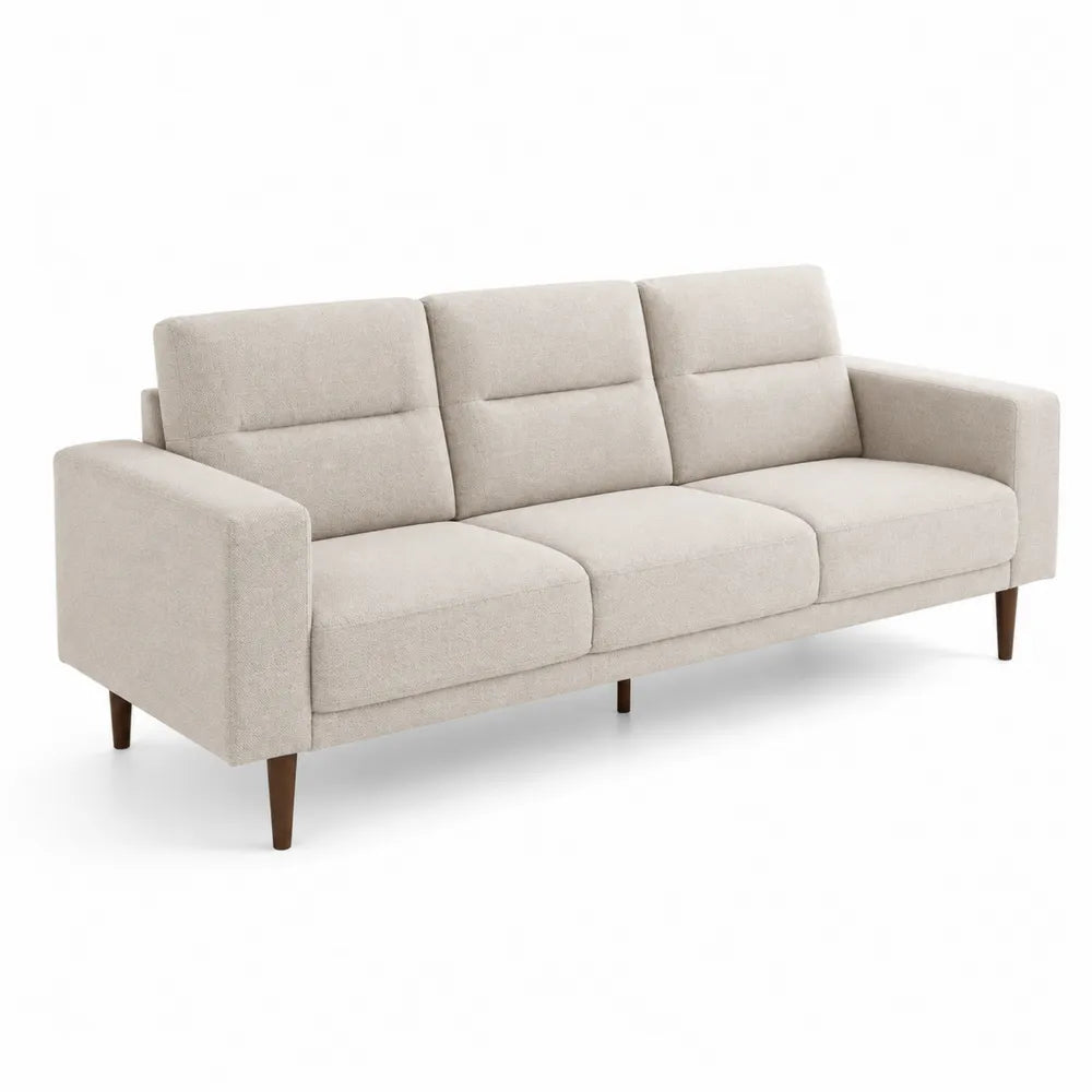 Divano tre posti in tessuto beige con gamb