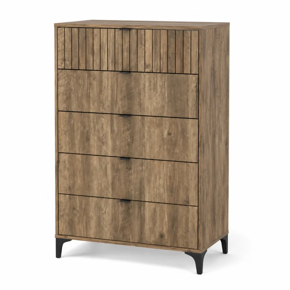 Cassettiera alta a 5 cassetti in legno MDF marrone con gambe
