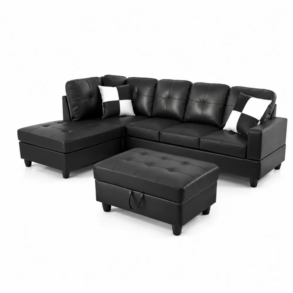 Divano angolare in pelle sintetica nera con pouf